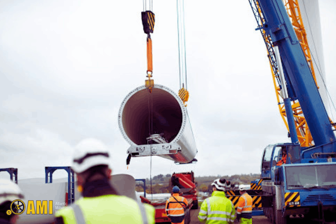 Worker securing steel pipes with rigging straps under crane hook at industrial site