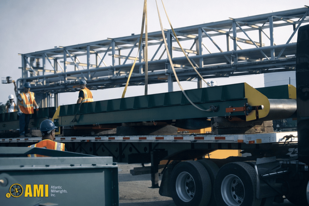 A large metal conveyor is being loaded onto a flatbed truck with a crane at a construction site; workers in safety gear are present.