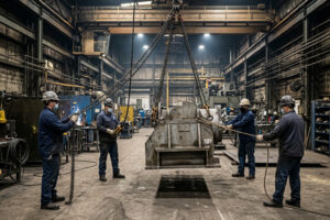 Four workers in protective gear operate chains, expertly hoisting & rigging a large metal machine part in a spacious, industrial factory setting.