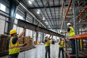 Four construction workers in safety vests and helmets guide a steel beam being lifted by a crane near a warehouse push back rack inside a large warehouse.