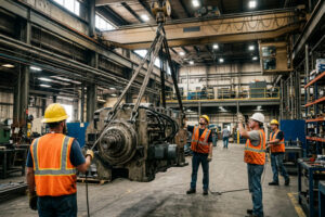 Four workers in safety gear guide a large industrial machine being lifted by a crane, demonstrating expert hoisting and rigging inside a spacious factory workshop.